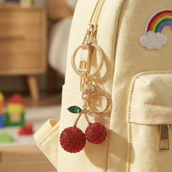 Crystal Cherry Charm Keyring - 3 Crystal Red Cherry Charm Keyring