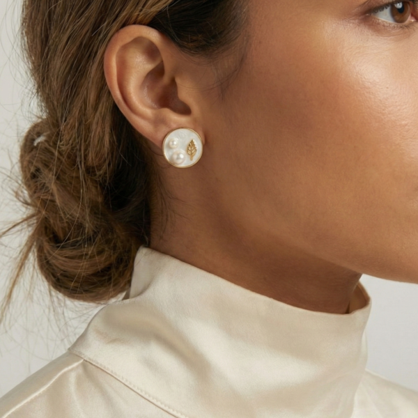 Pearl & Leaf Enamel Studs - The Pastel Gem - Imitation Jewellery - 2 Pearl & Leaf Enamel Studs
