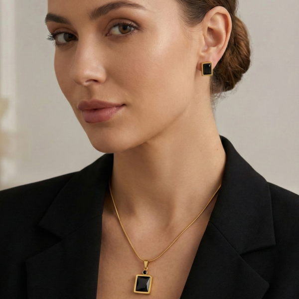 Black Crystal Cut Set - The Pastel Gem - Imitation Jewellery - 1 Black Crystal Cut Necklace-Earring Set