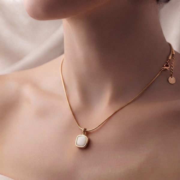 14 - Gold Cushion Stone Pendant Necklace - The Pastel Gem - Best Anti Tarnish Jewellery Gold Cushion Stone Pendant Necklace