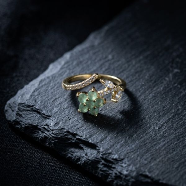 Gold Green Floral Bypass Ring