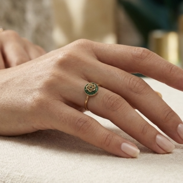 Gold Green Crystal Rose Ring