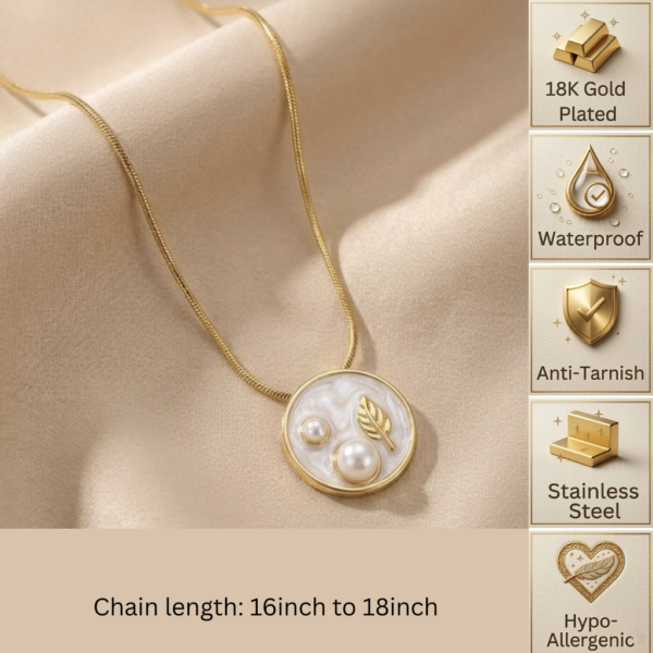 Gold Pearl Leaf Medallion Necklace