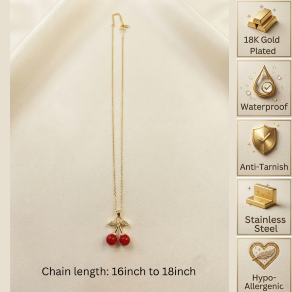 96 - Gold Cherry Pendant Necklace - The Pastel Gem - Best Anti Tarnish Jewellery Gold Cherry Pendant Necklace