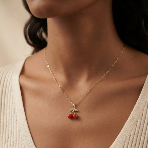 99 - Gold Cherry Pendant Necklace - The Pastel Gem - Best Anti Tarnish Jewellery Gold Cherry Pendant Necklace