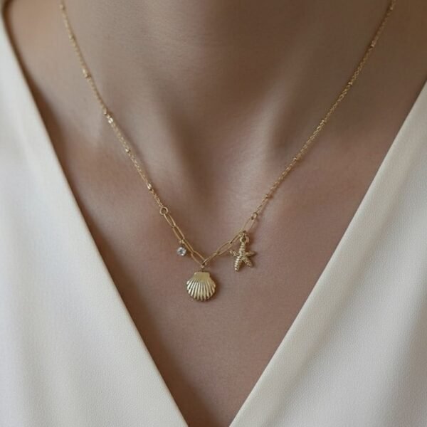 Gold Seashell Starfish Charm Necklace