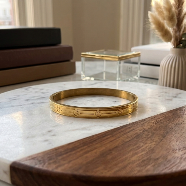 Gold Screw Engraved Hinged Bangle