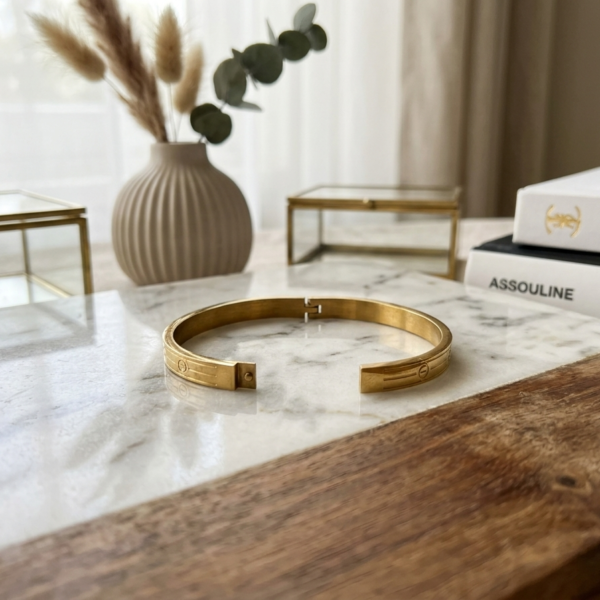 Gold Screw Engraved Hinged Bangle