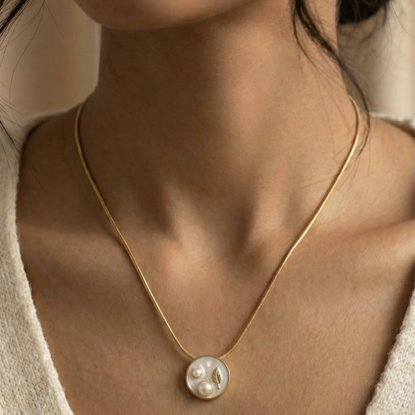 Gold Pearl Leaf Medallion Necklace