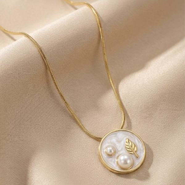 Gold Pearl Leaf Medallion Necklace